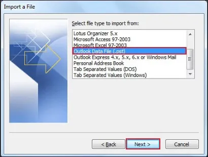 select outlook data file