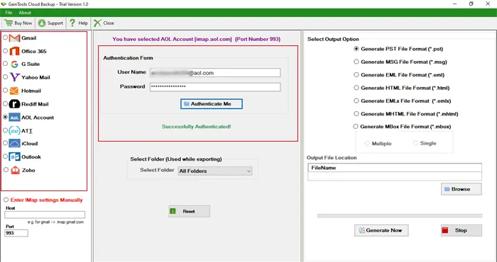 select AOL imap server login