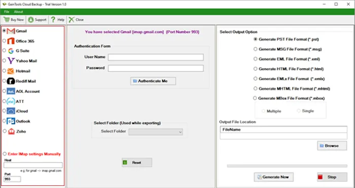 select Gmail imap server login