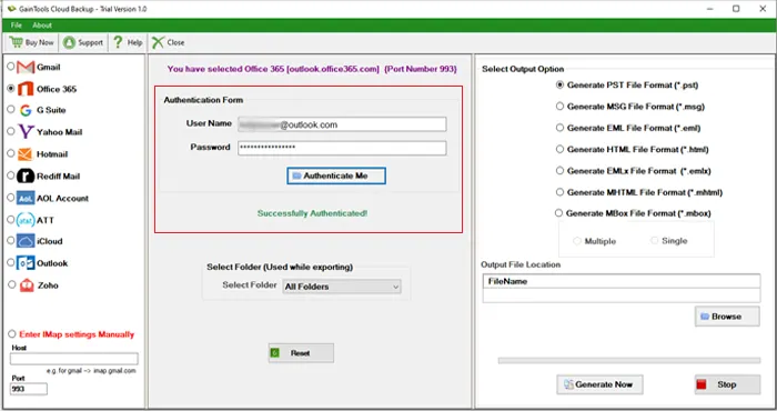 select office365 imap server login