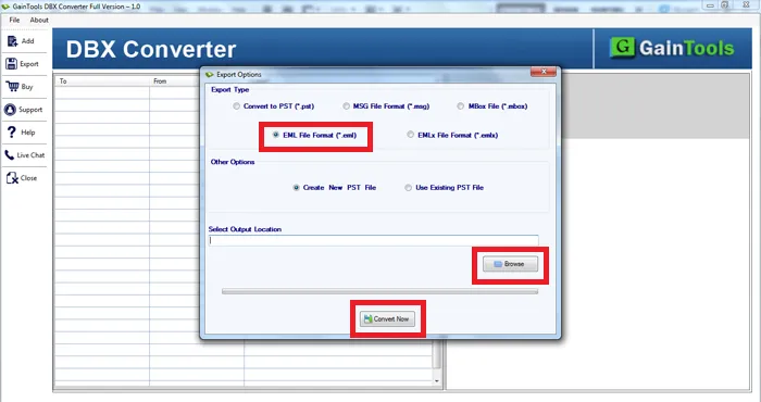 choose desired location dbx to eml file