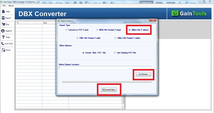 choose desired location dbx to mbox file