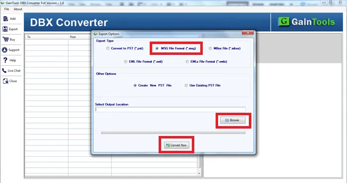 choose desired location dbx to msg file