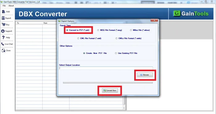 choose desired location dbx to pst file