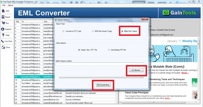 scegliere desiderato posizione eml a mbox file