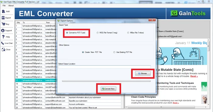 choose desired location eml to PST file