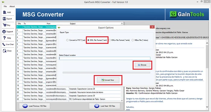 desired location export msg to eml