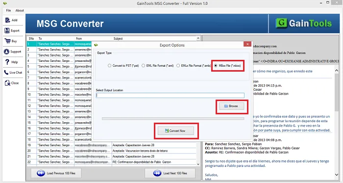 desired location export msg to mbox