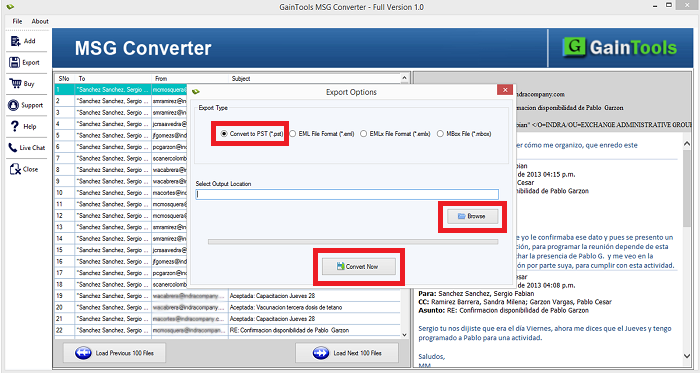 desired location export msg to pst