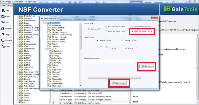 choose-desired location for nsf to mbox file