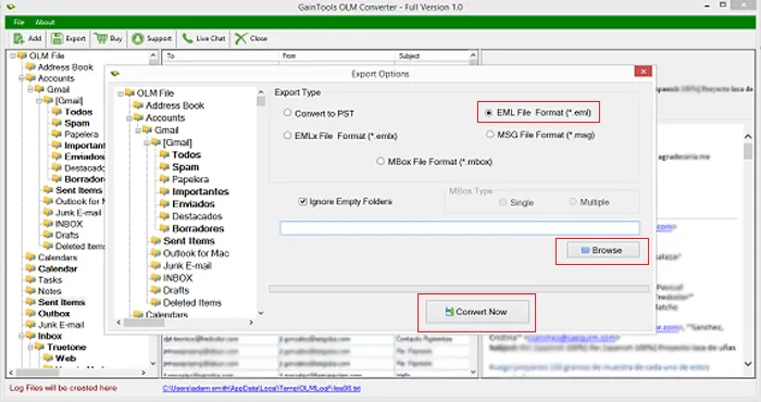 desired location export olm to eml