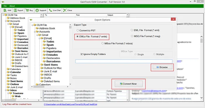 desired location export olm to emlx