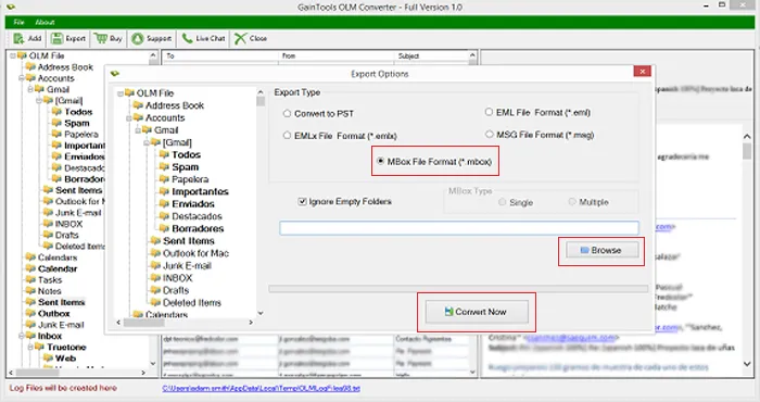 desired location export olm to mbox