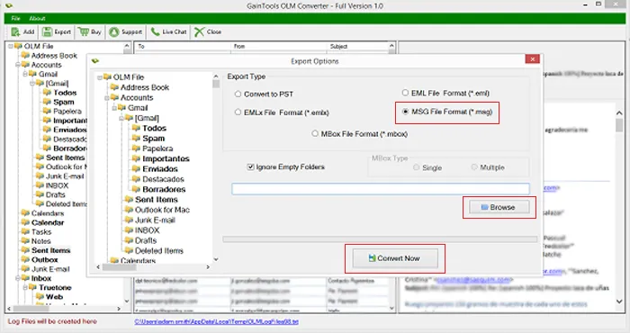 desired location export olm to msg