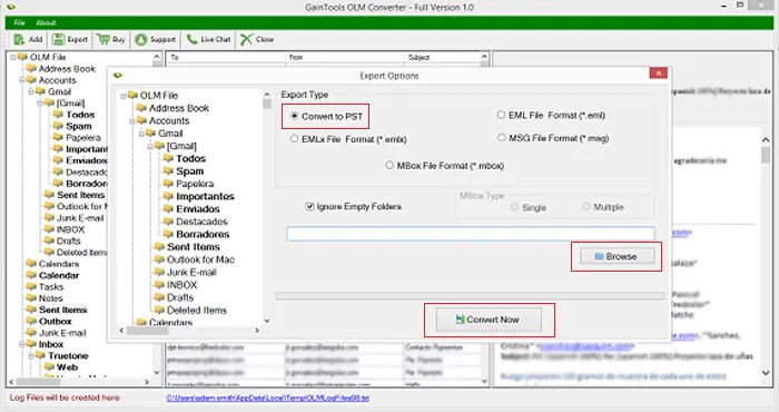 desired location export olm to pst