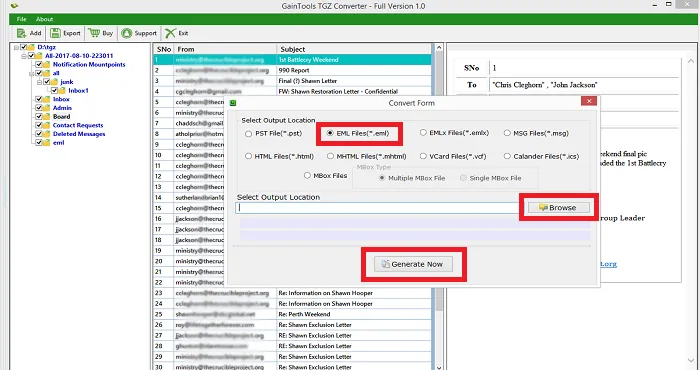 choose your desired location for tgz file to eml