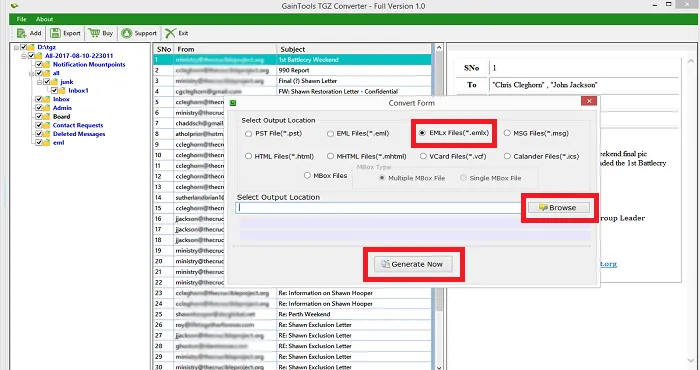 choose your desired location for tgz file to emlx