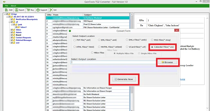 desired location and export tgz to ics