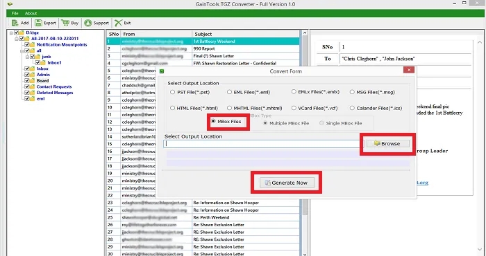 desired location and export tgz to mbox