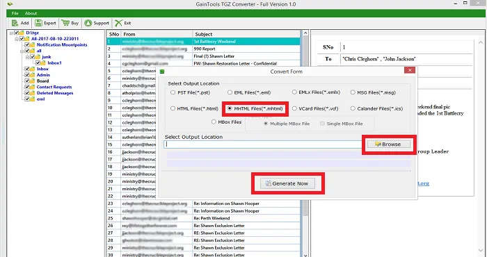 desired location and export tgz to mhtml