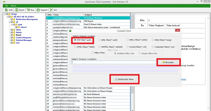 desired location and export tgz to pst