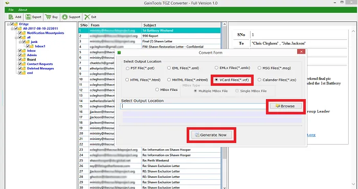 desired location and export tgz to vcf